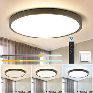 3 Color Dimmable Flush Mount LED Ceiling Light with Remote, 12Inch 24W Black Ceiling Light Fixture for Bedroom Kitchen Hallway, Modern Round light Fixtures for Ceiling, Ceiling Lamp with Night Light