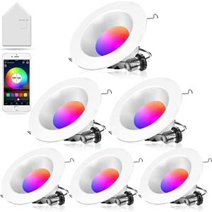 MagicLight Smart Recessed LED Lighting 5~6 Inch, 9W RGBCW Dimmable WiFi & Bluetooth Color Changing Retrofit Smart Downlight, Compatible with Alexa and Google Home, 6 Pack