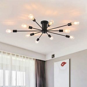 Garwarm Semi Flush Mount Ceiling Light, 10-Light Modern Black Sputnik Chandelier Industrial Ceiling Lamp for Kitchen Dining Room Living Room Bedroom Foyer Lighting Fixture