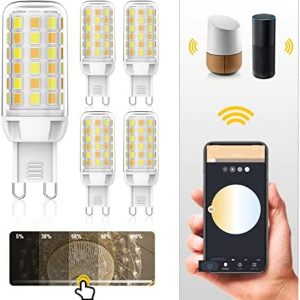 Smart G9 led Bulb 4W 400LM CRI≥90 No Flicker, G9 Smart Light Bulbs Work with Alexa、Echo、Google Home(No Hub Required), Smart LED G9 Bulb Dimmable 2700K – 6000K with Wi-Fi & Voice Control 5 Pack