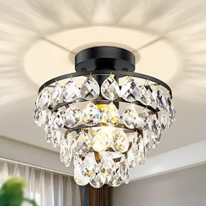Modern Crystal Ceiling Light – Black Semi Flush Mount Ceiling Light Small Chandelier with E26 Base Farmhouse Ceiling Lighting Fixture for Bedroom Bathroom Closet Living Room Hallway Entryway Kitchen