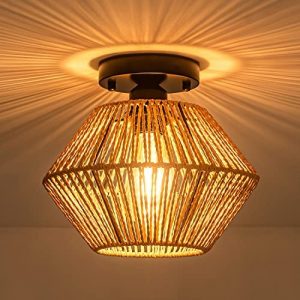 TSMKLEDAN Rattan Light Fixtures Ceiling Mount, Boho Light Fixture with Hand-Worked Woven Cage Lampshade, Coastal Semi Flush Mount Ceiling Light for Bedroom Hallway Nursery Entryway Foyer Farmhouse