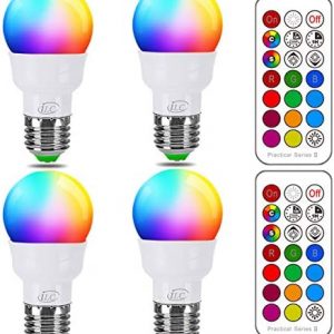 ILC RGB LED Light Bulb, Color Changing Light Bulb, 40W Equivalent, 450LM, 2700K Warm White 5W E26 Screw Base RGBW, Flood Light Bulb- 12 Color Choices – Timing Infrared Remote Control (4 Pack)