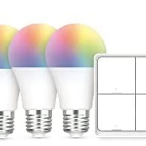 BroadLink Smart Bulbs Starter Kit – 3 A19 Bluetooth Color Changing Light Bulbs with Music Sync, 1 Wireless Scene Switch and Hub Included, 16 Million Colors, Works with Alexa, Google Home, 5 Piece Set