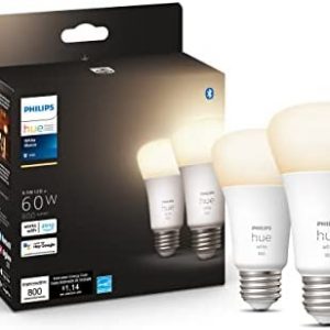 Philips Hue White A19 LED Smart Bulb, Bluetooth & Zigbee Compatible (Hue Hub Optional), Works with Alexa & Google Assistant, 2 Bulbs