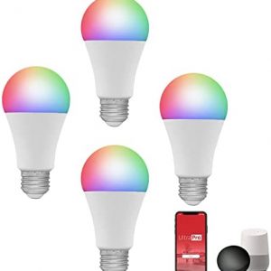 UltraPro Wi-Fi LED Smart Light Bulb, A19, 60W Equivalent, RGB, Color Changing, White Select Tunable 2700K – 6500K, Dimmable, 2.4GHz Router Required, Circadian Rhythm, Easy-to-Use App, 4 Pack, 51454