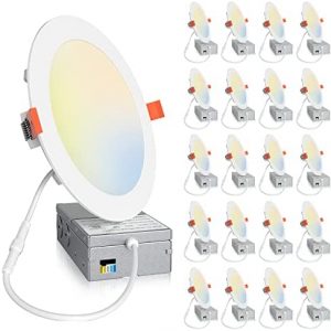 Amico 20 Pack 6 Inch 5CCT Ultra-Thin LED Recessed Ceiling Light with Junction Box, Dimmable Can Light, 2700K/3000K/4000K/5000K/6000K Selectable, 1200LM High Brightness Downlight,15W Eqv 130W,ETL