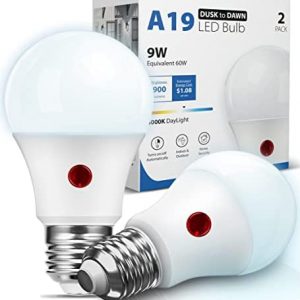 Dusk to Dawn LED Light Bulb, 9W (60Watt Equivalent) Auto On/Off Outdoor Lighting LED Bulb 5000K Daylight White, 900LM, A19 E26 Base Smart Sensor Light Bulb for Porch Garage Hallway Yard Patio 2-Pack