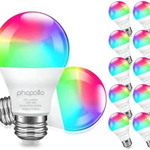 phopollo Smart Light Bulbs, RGBW WiFi Multicolor Led Light Bulbs Compatible with Alexa & Google Home Assistant, A19 E26 9W 60W Equivalent 800Lumen, App Control, No Hub Required, 12 Pack
