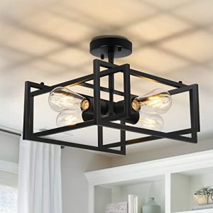 Black Semi Flush Mount Ceiling Light Fixtures, 4-Lights Kitchen Lights Fixture Industrial Farmhouse Metal Cage Close to Ceiling Lighting for Kitchen Island Dining Room Bedroom Hallway Laundry Foyer