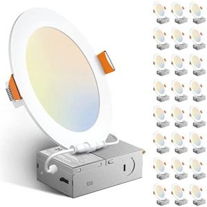 Amico 24 Pack 6 Inch 5CCT Ultra-Thin LED Recessed Ceiling Light with Junction Box, 2700K/3000K/3500K/4000K/5000K Selectable, 1050LM Brightness, Dimmable Canless Wafer Downlight, 12W Eqv 110W-ETL&FCC