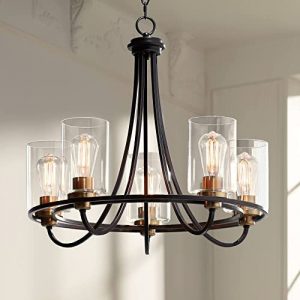 Possini Euro Design Demy Oil Rubbed Bronze Warm Gold Chandelier 23″ Wide Modern Industrial Clear Glass 5-Light Fixture for Dining Room House Foyer Kitchen Island Entryway Bedroom Living Room