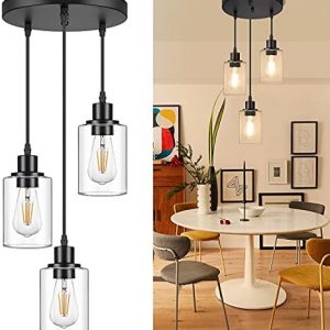 Industrial 3-Light Pendant Light, Adjustable Hanging Light Fixture with Clear Glass Shade, Mini Pendant Lighting, Vintage Farmhouse Ceiling Lamp for Kitchen Dining Room E26 Base, Black