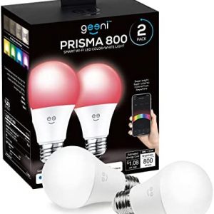 Geeni Prisma 800 2700K Dimmable A19, 60W Equivalent Color Changing RGBW LED Smart WiFi Light Bulb, Works with Alexa and Google Home, No Hub Required, Requires 2.4GHz WiFi (2 Pack)