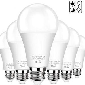 6-Pack Dusk to Dawn LED Light Bulbs, A19 11W(100Watt Equivalent), E26 Basic Automatic On/Off, 1200LM, Daylight White 5000K Smart Sensor Lights, Outdoor for Porch Garage Yard Patio Garden