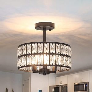 MRHYSWD Crystal Ceiling Light Fixture 3 Lights Black Semi Flush Mount Ceiling Light Modern Chandelier Industrial Round Pendant Lighting Drum Ceiling Lamp for Living Room Kitchen Hallway Bedroom Closet