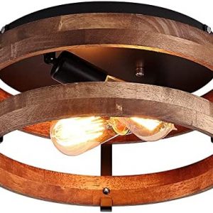 2-Light Rustic Flush Mount Light Fixture Oak Wood Round Drum Semi Flush Mount Ceiling Light for Hallway Bedroom Kitchen Entryway Farmhouse, Black