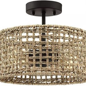 LAMPRESSION Rattan Semi Flush Mount Ceiling Light with Black Canopy, 2-Light 12″ Semi Flush Mount Light Fixture, Bohemian Drum Ceiling Light for Hallway Bedroom Kitchen Entryway