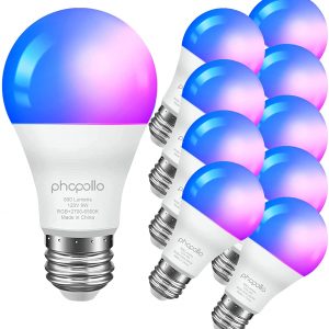 phopollo Bluetooth Light Bulbs, RGBW Multicolor Led Light Bulbs, 9W 800 Lumen, 60 Watt Equivalent, A19 E26 Led Bulbs, App Control (Alexa & Google Assistant Not Supported), No Hub Required, 10 Pack